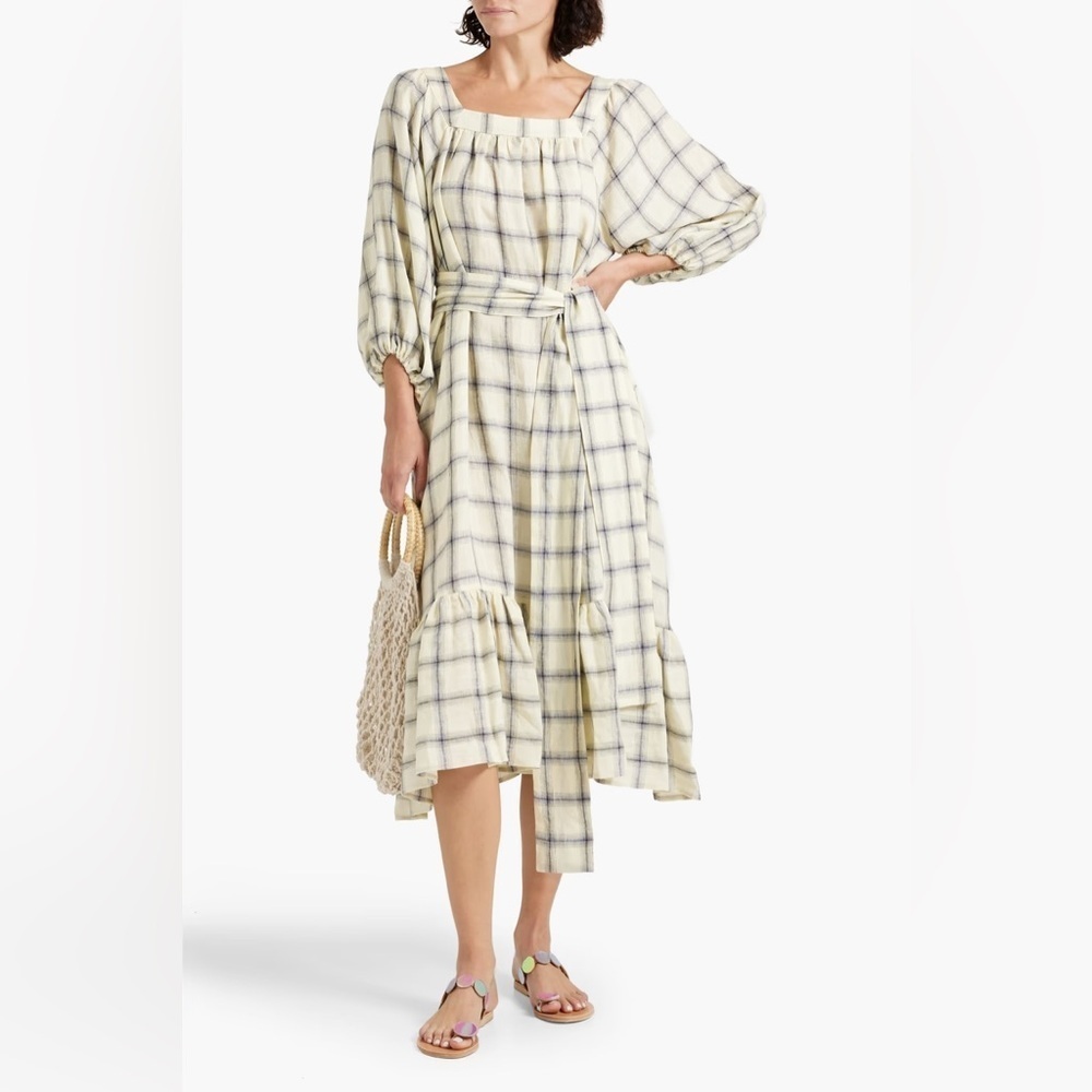Lisa Marie Fernandez / Laure blue white check Midi square neck Dress 1 small